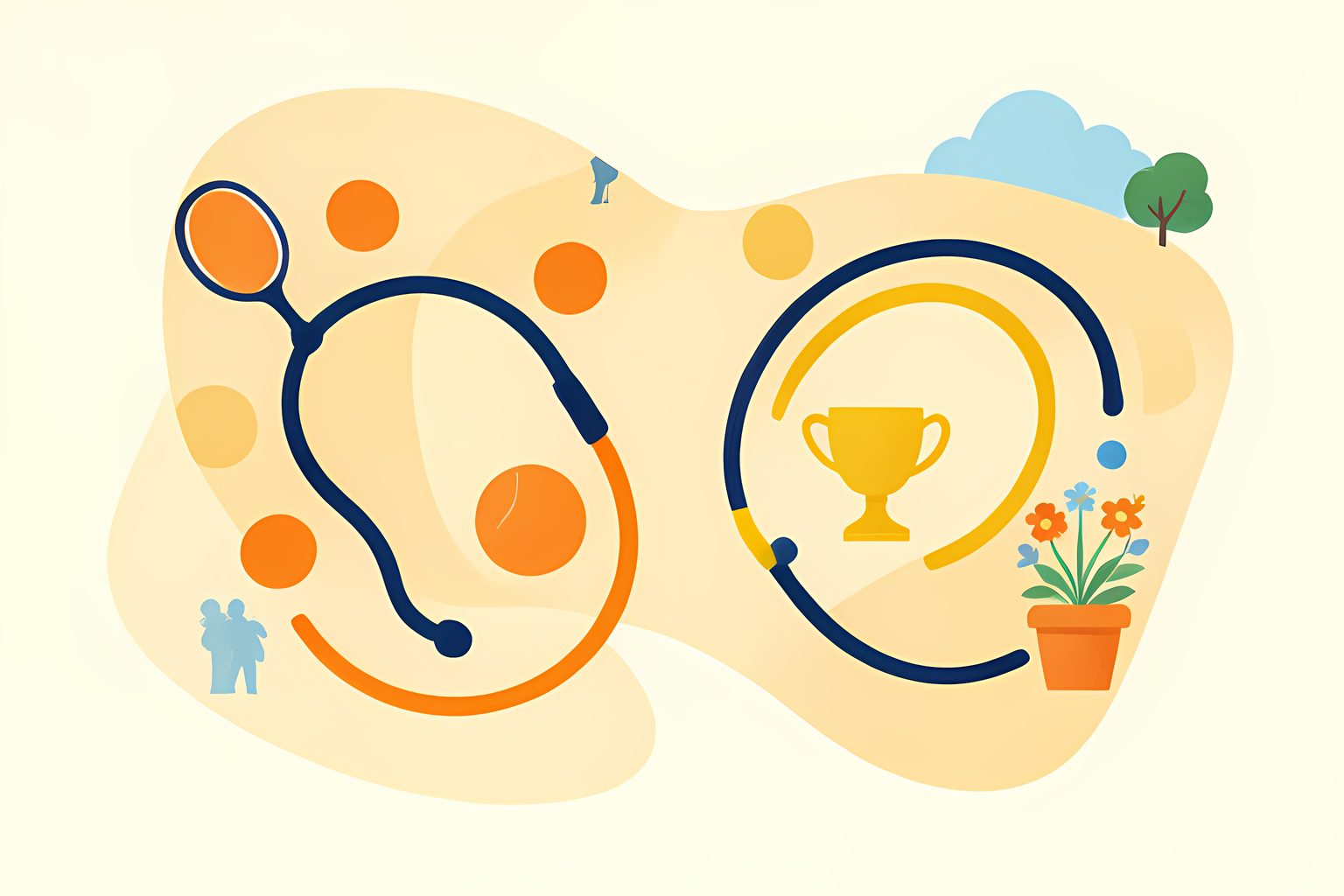 Bright stylized illustration of two separate curved tennis-ball trails joining at a small unmarked gold trophy on a warm cream background.