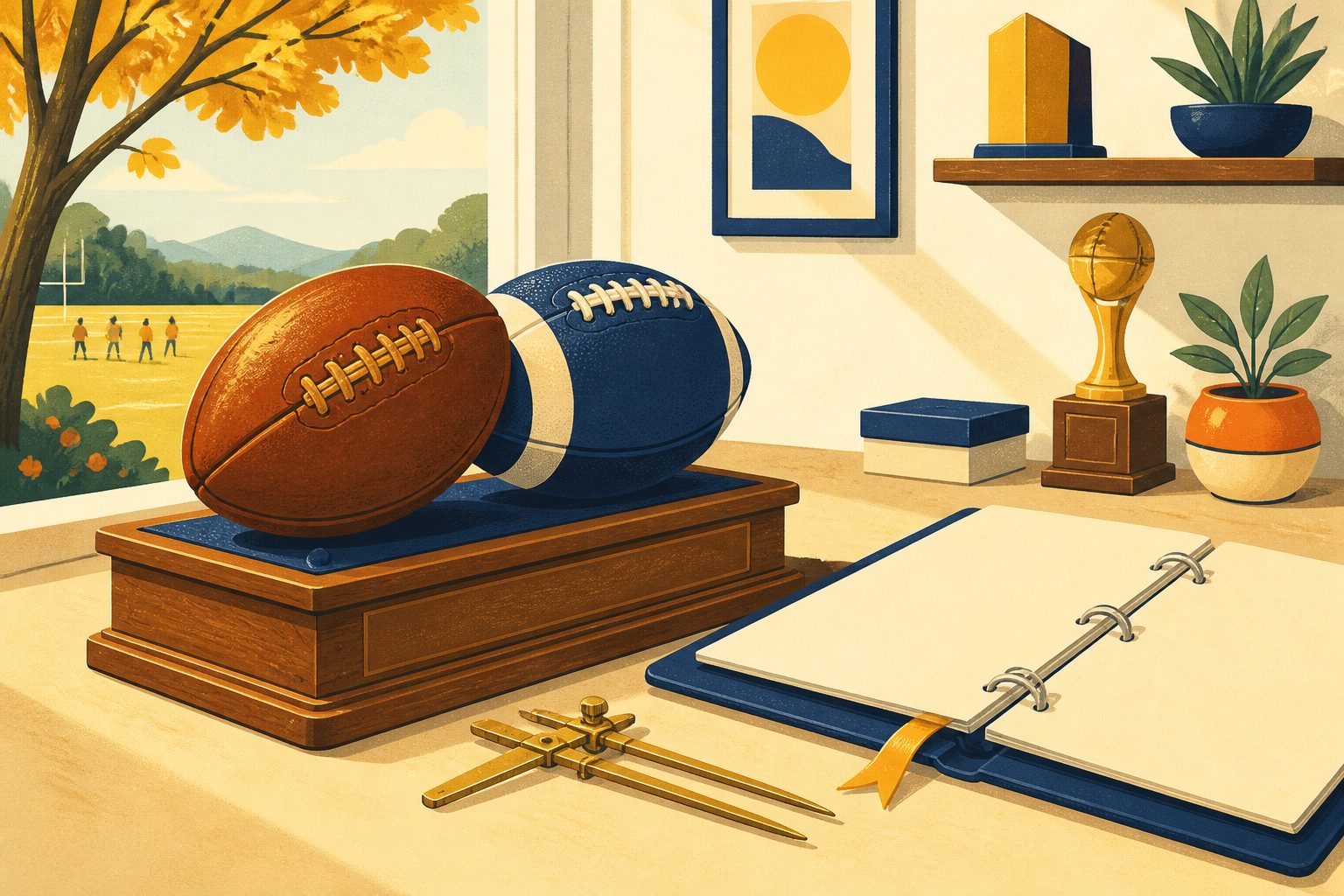 Two game footballs resting on a low wooden trophy pedestal beside an open playbook in morning side light