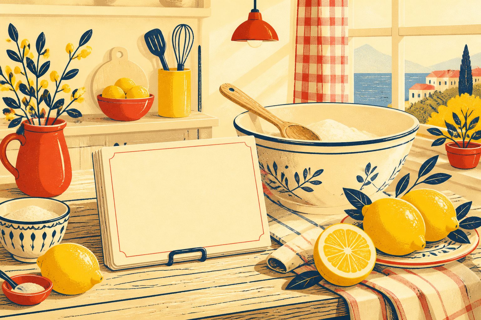 A cheerful, sunny home kitchen counter with a ceramic mixing bowl, wooden spoon, index recipe cards, and fresh lemons bathed in morning sunlight.