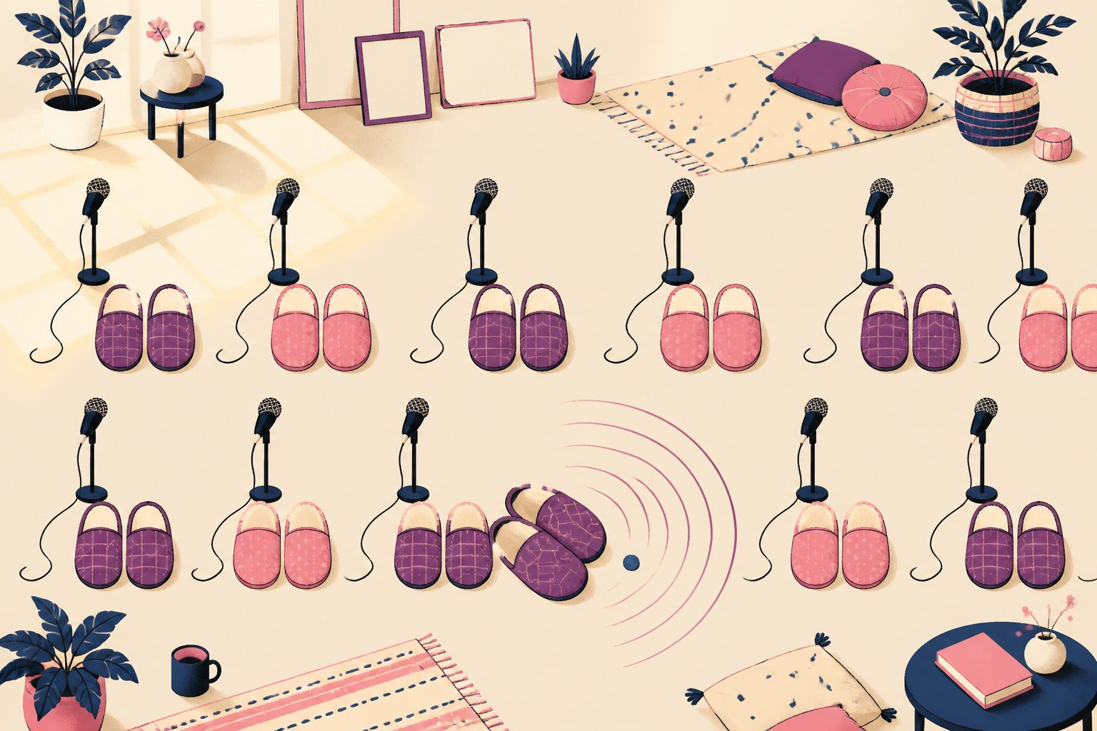 A repeating row of paired house slippers and rehearsal microphones, with one pair tipped toward a ripple of laughter.