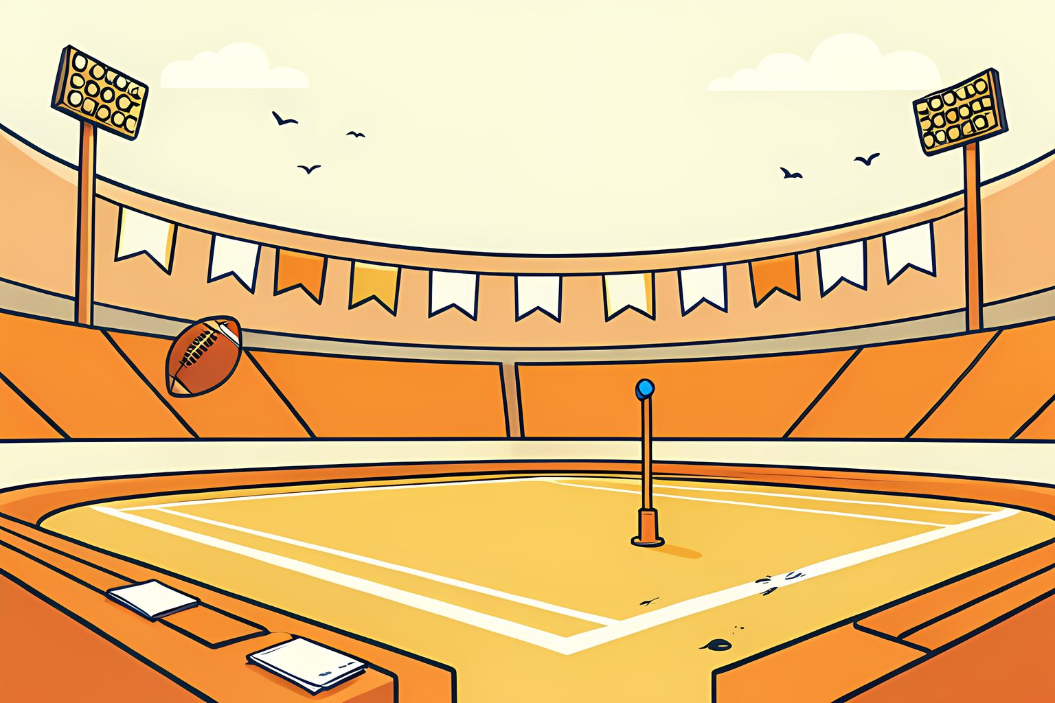Illustration of a sunlit, empty college stadium in the morning, with a football spiraling toward the corner of the end zone beside a pylon.