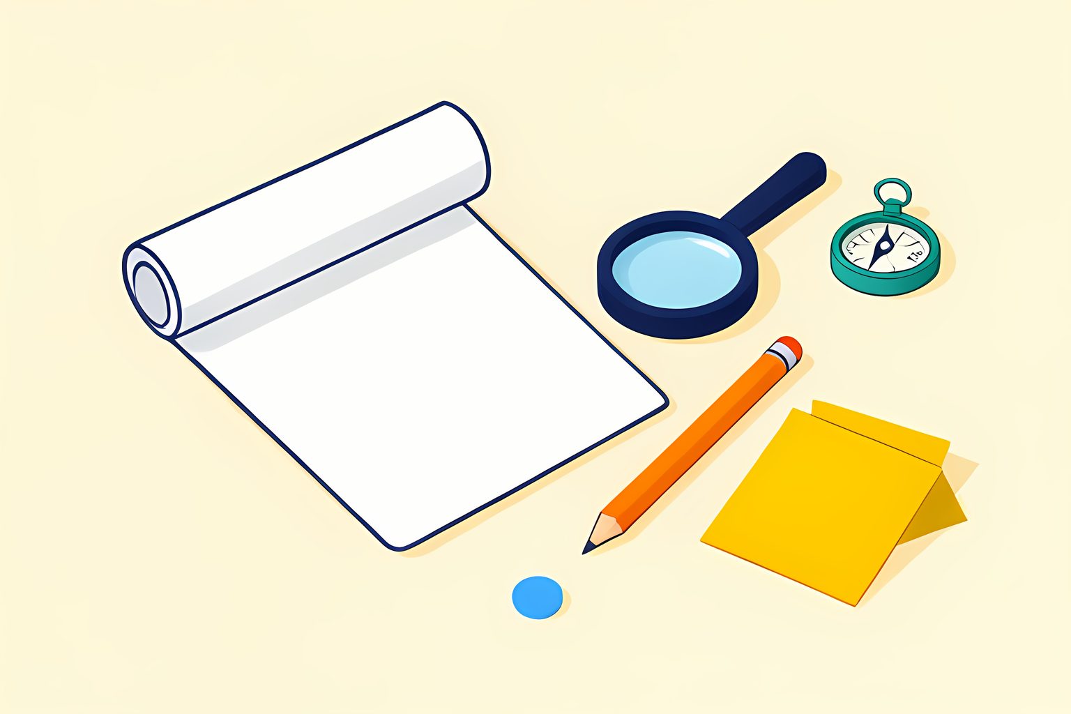 A text-free still life of a rolled academic paper, a magnifying glass, a pencil, and colorful index cards on a warm table.