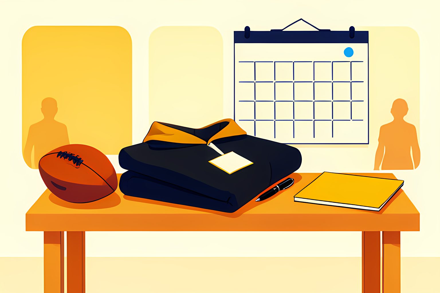 A sunny locker-room still life: a folded black and gold hoodie on a wooden bench beside a football, a closed pen and a blank contract folder, with a wall calendar behind it showing plain unmarked squares.
