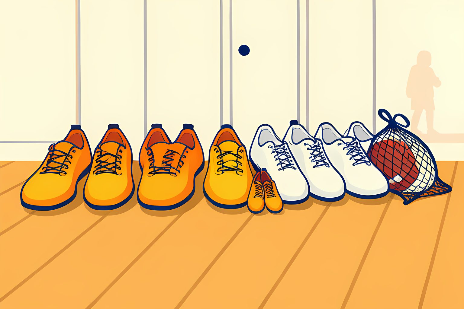 A long row of identical large plain football cleats lined up along a sunny locker-room floor, with one small child-sized pair tucked in among them next to a mesh bag of footballs.