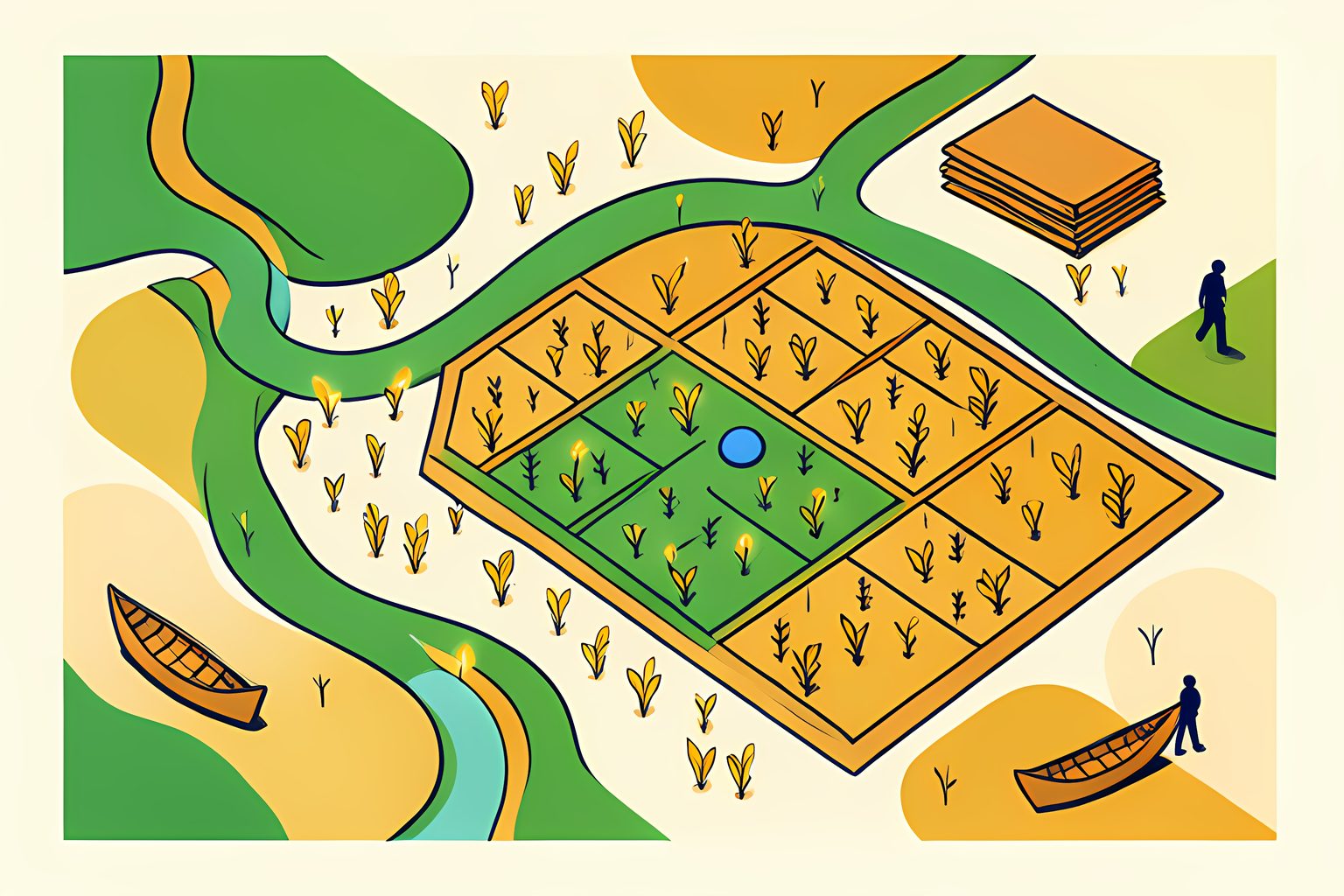 A stylized bright illustrated map of frontier river valleys with neatly fenced nursery plots and golden sapling symbols on warm cream with a small blue dot