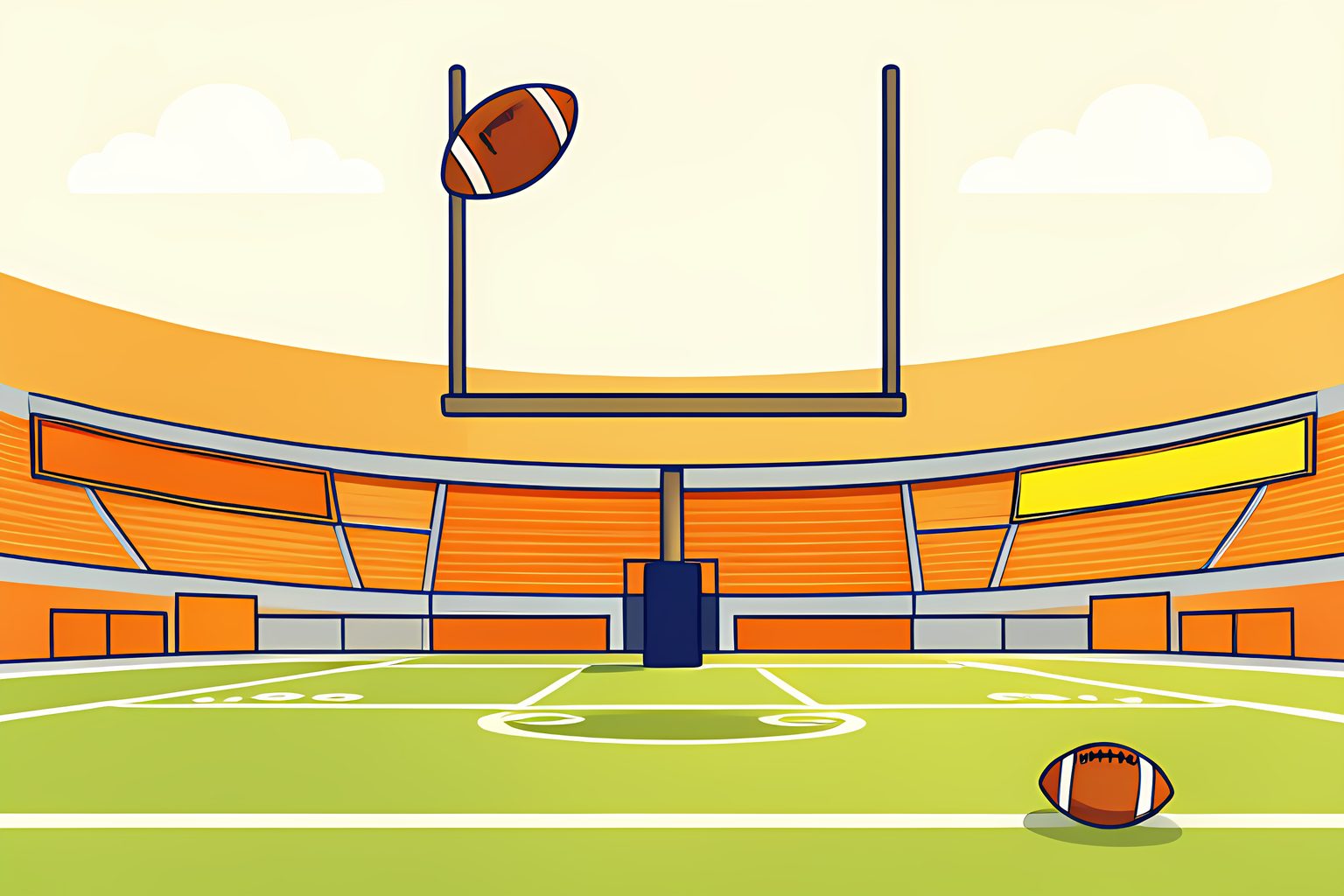 Flat editorial illustration of a bright stadium in morning sun, a football frozen mid-flight in a clean arc toward the crossbar of a tall goalpost, with a second football resting on the grass near the sideline and a small blue dot on the turf.