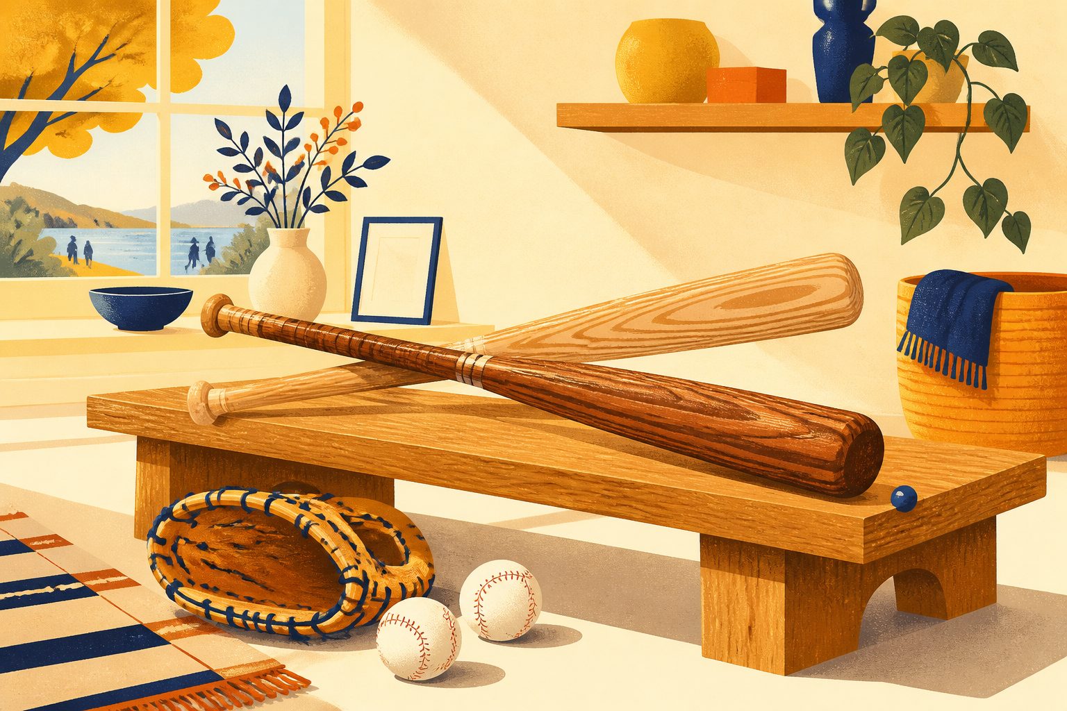 Editorial vector illustration of two crossed wooden bats of different grain resting on a low oak bench under morning sunlight.