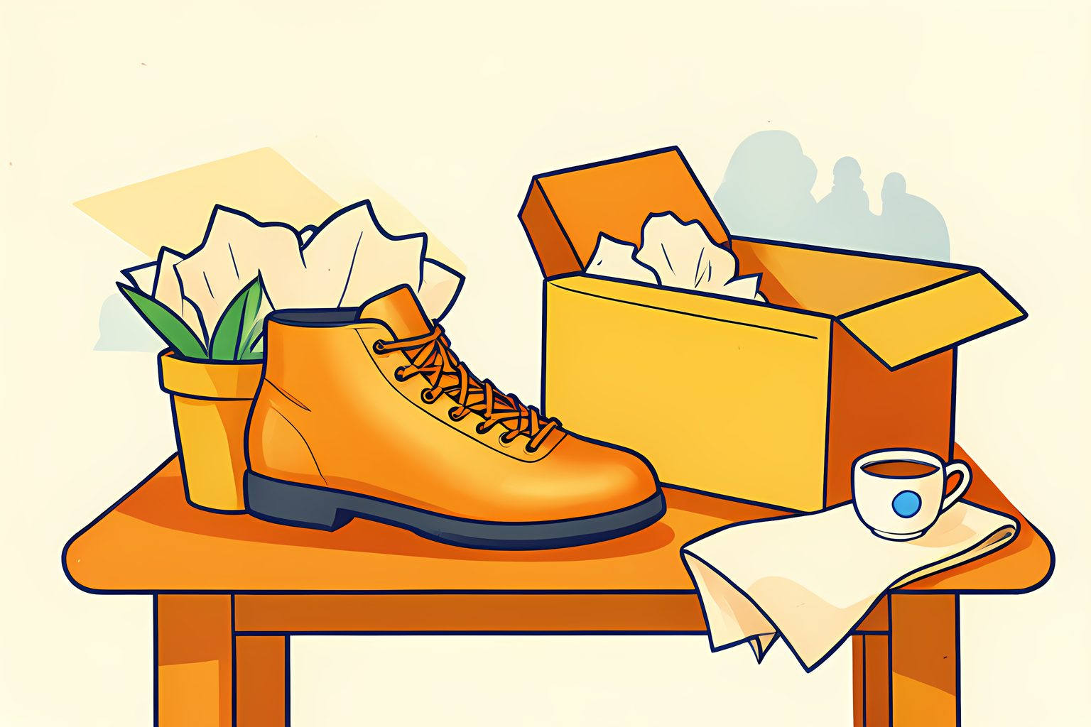 Illustration of a small bronze-colored football boot resting on a doormat beside a half-opened plain cardboard parcel, on a sunny front step with potted plants.