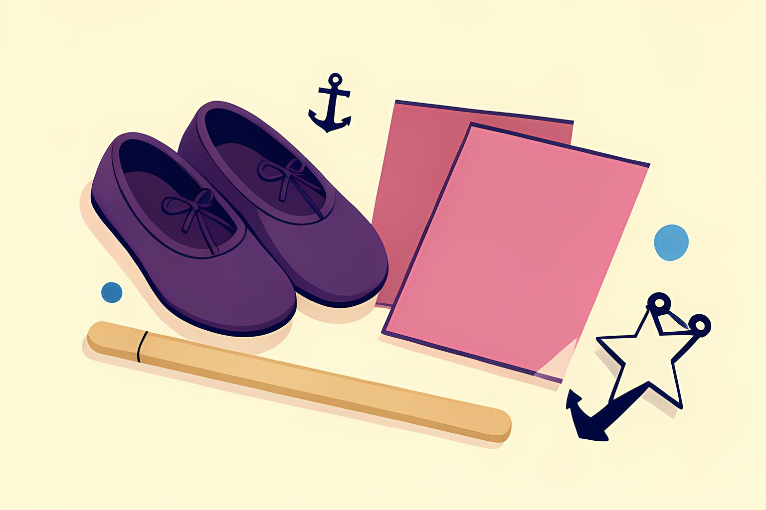 A sunny still life of unmarked ballet slippers, a plain wooden rehearsal baton, and three blank play scripts resting on a low table, with a small blue dot nearby.