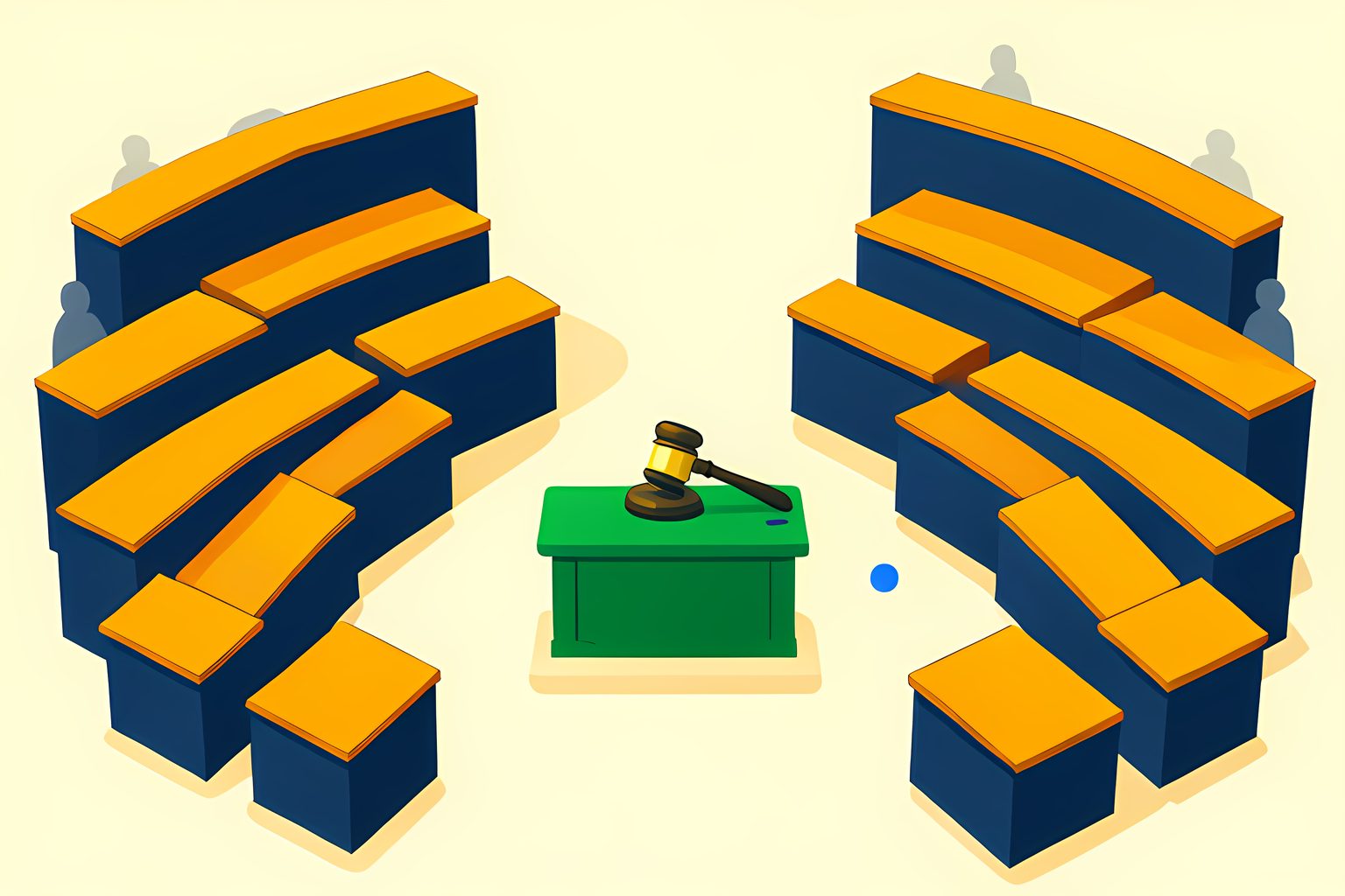 Stylized chamber diagram of a legislative hall with neat desks in navy and amber and a single green desk in the center aisle on warm cream