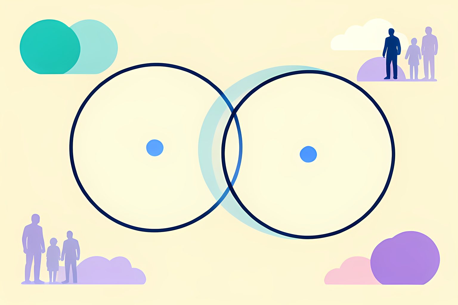 Two blank circular weather maps joined by translucent overlapping rain bands, one close and detailed and one broad and regional, with a small blue dot and no people or text.