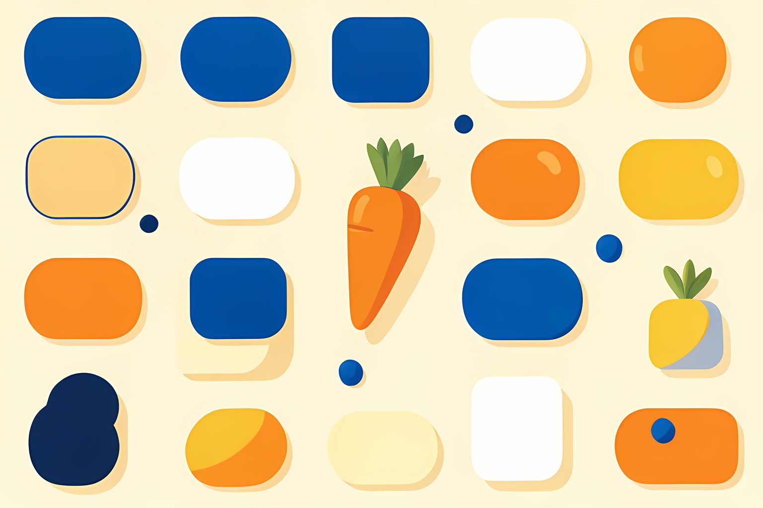 A repeating row of blank blue, white and orange paint swatches with one carrot-orange swatch shaped like a carrot.