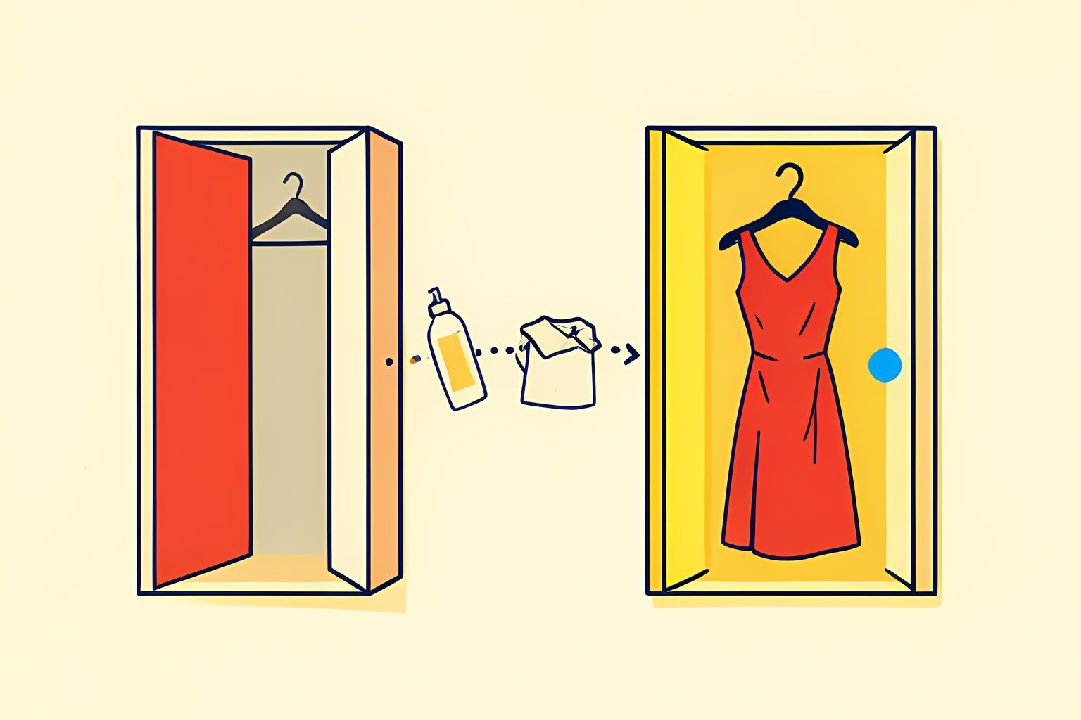 A two-sided flow of a shared closet, two open wardrobes exchanging a shampoo bottle and a folded shirt, with one red satin dress standing apart, in tomato red and butter yellow on cream.