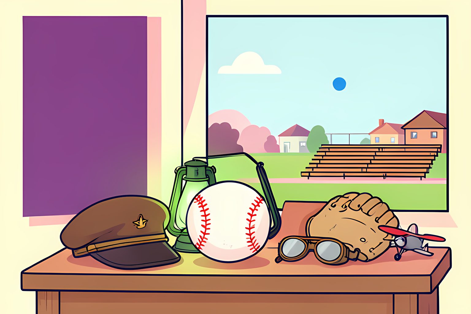 A worn baseball resting on a low wooden table beside a leather pilot's cap and a small glowing green lantern, lit by morning sun.