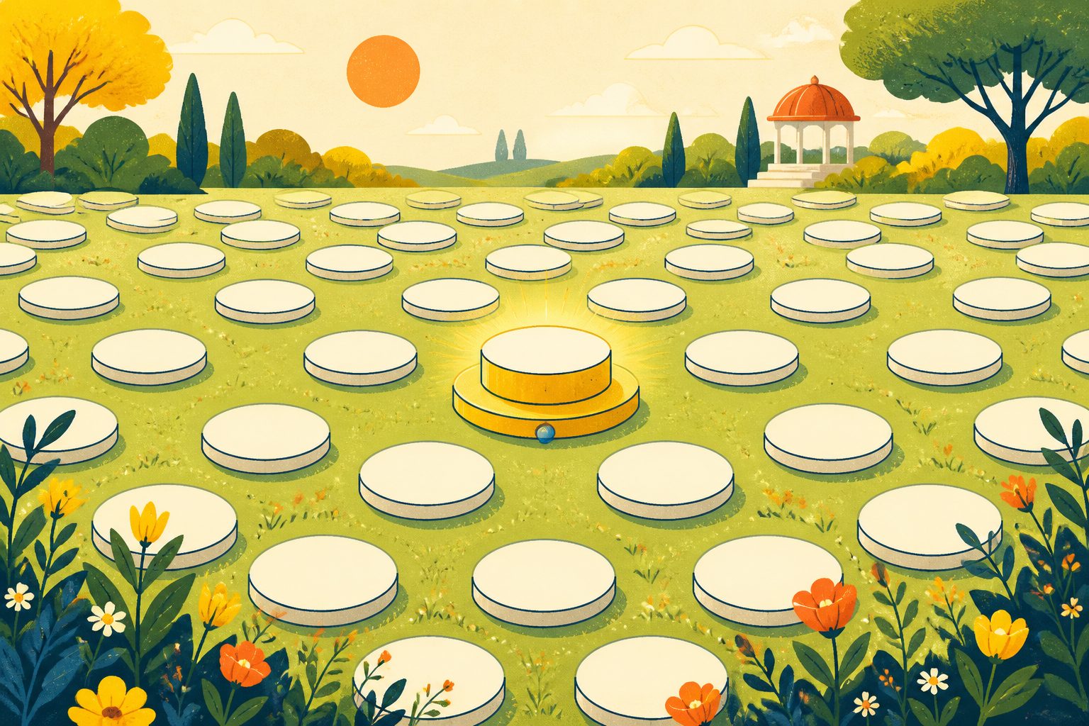A stylized football playbook diagram where an array of identical white chalk marks surrounds a single glowing golden piece on a warm cream field.