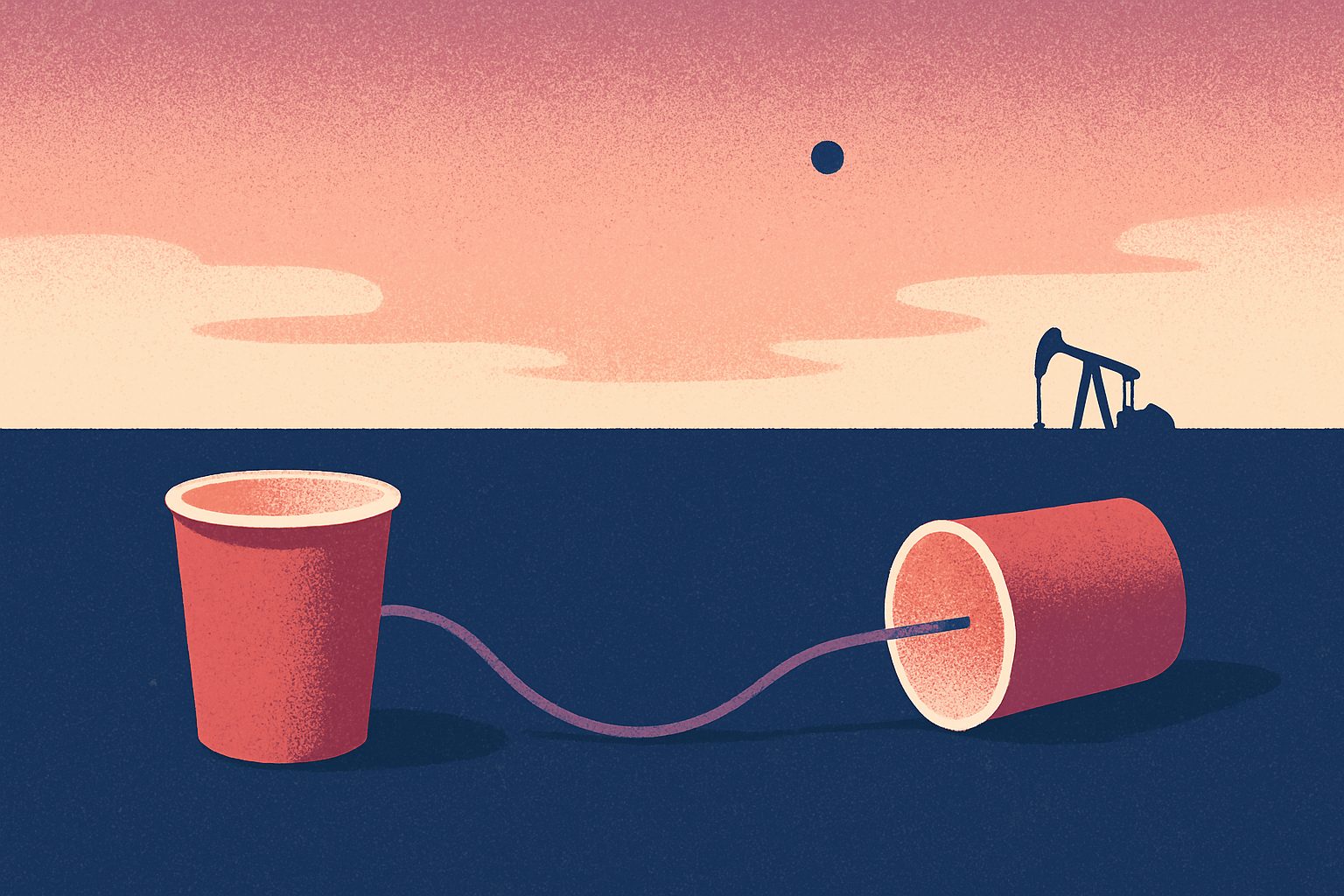 Stylized illustration of two paper cups connected by a drooping string across a desert plain at dusk, one cup toppled, with an oil pumpjack silhouetted on the horizon.