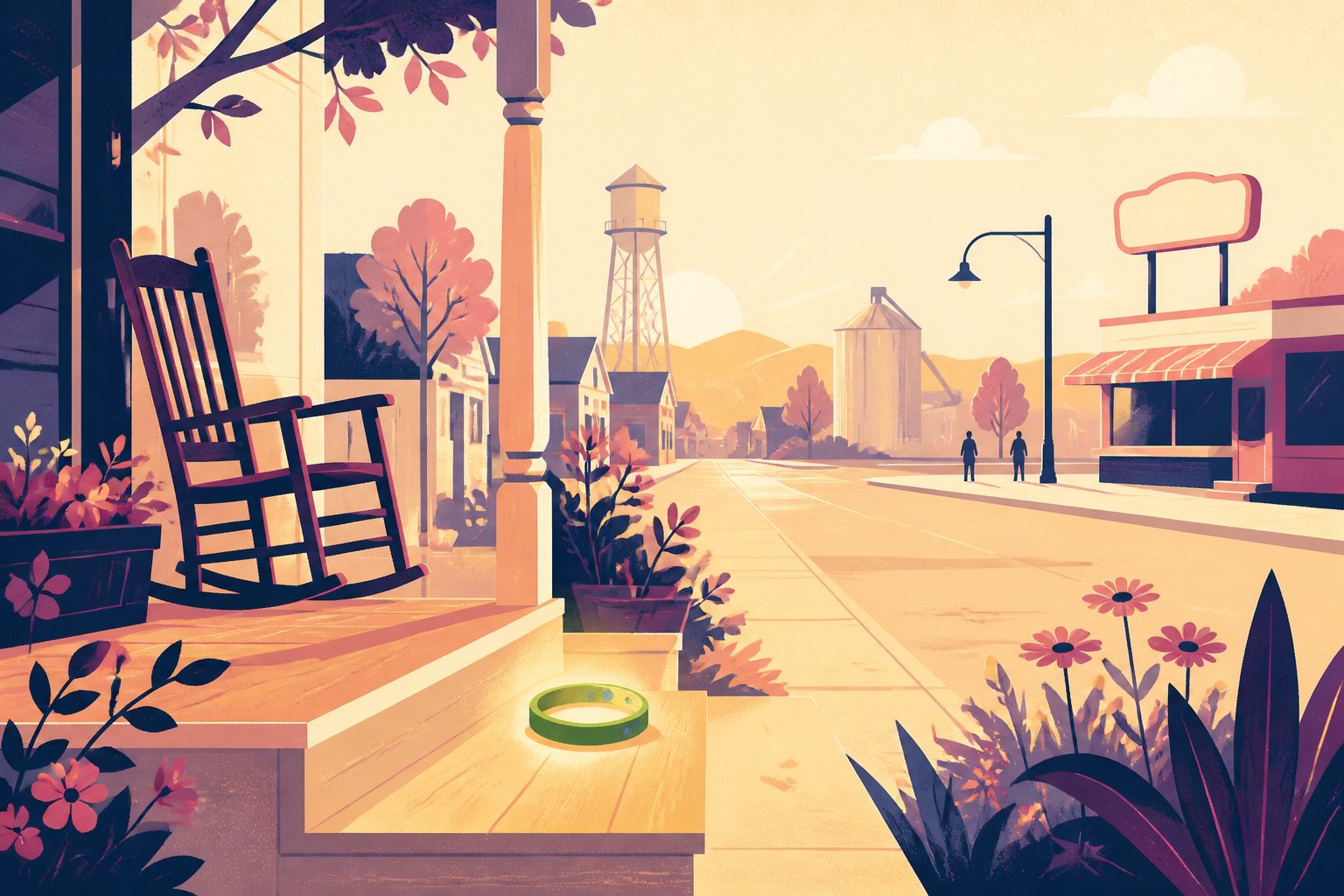 A wide, sunlit small-town street at dawn with a glowing green ring resting on a porch step, a distant water tower, and two small, faraway silhouettes standing apart near a plain diner sign.