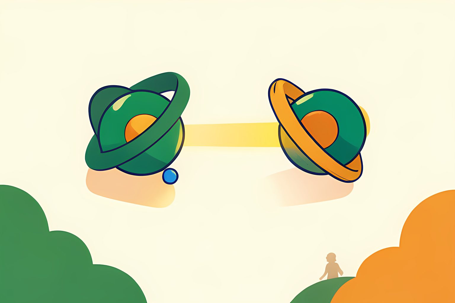A stylized visual metaphor of two glowing geometric satellites exchanging a focused beam of light across a warm cream sky with a small blue dot