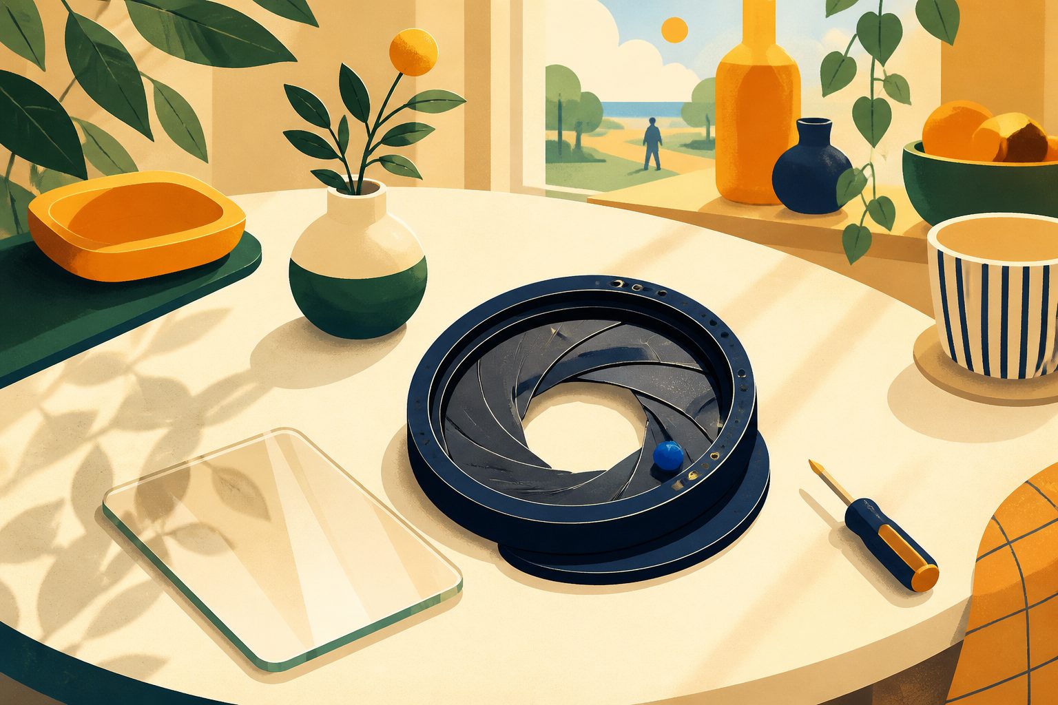 A cutaway illustration of a smartphone camera module with overlapping aperture blades partly closed, set against a soft blue background with faint gear teeth around the ring.