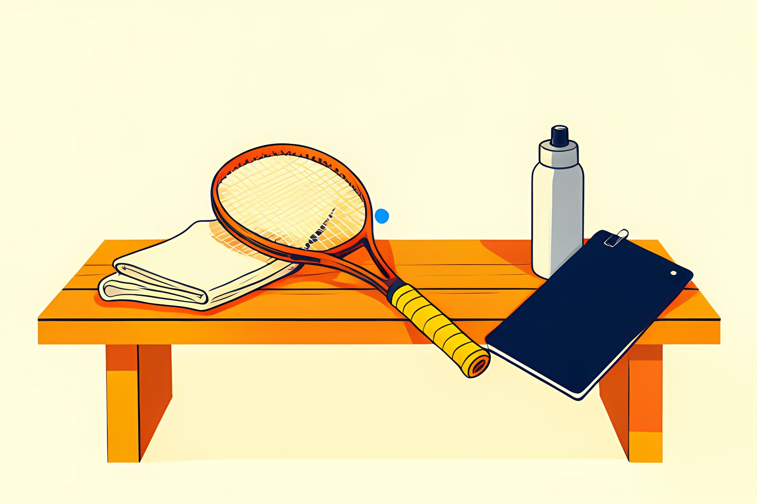 A stylized bright low-table still life of two crossed tennis racquets with orange and yellow grips and tactical clipboards on warm cream with a small blue dot