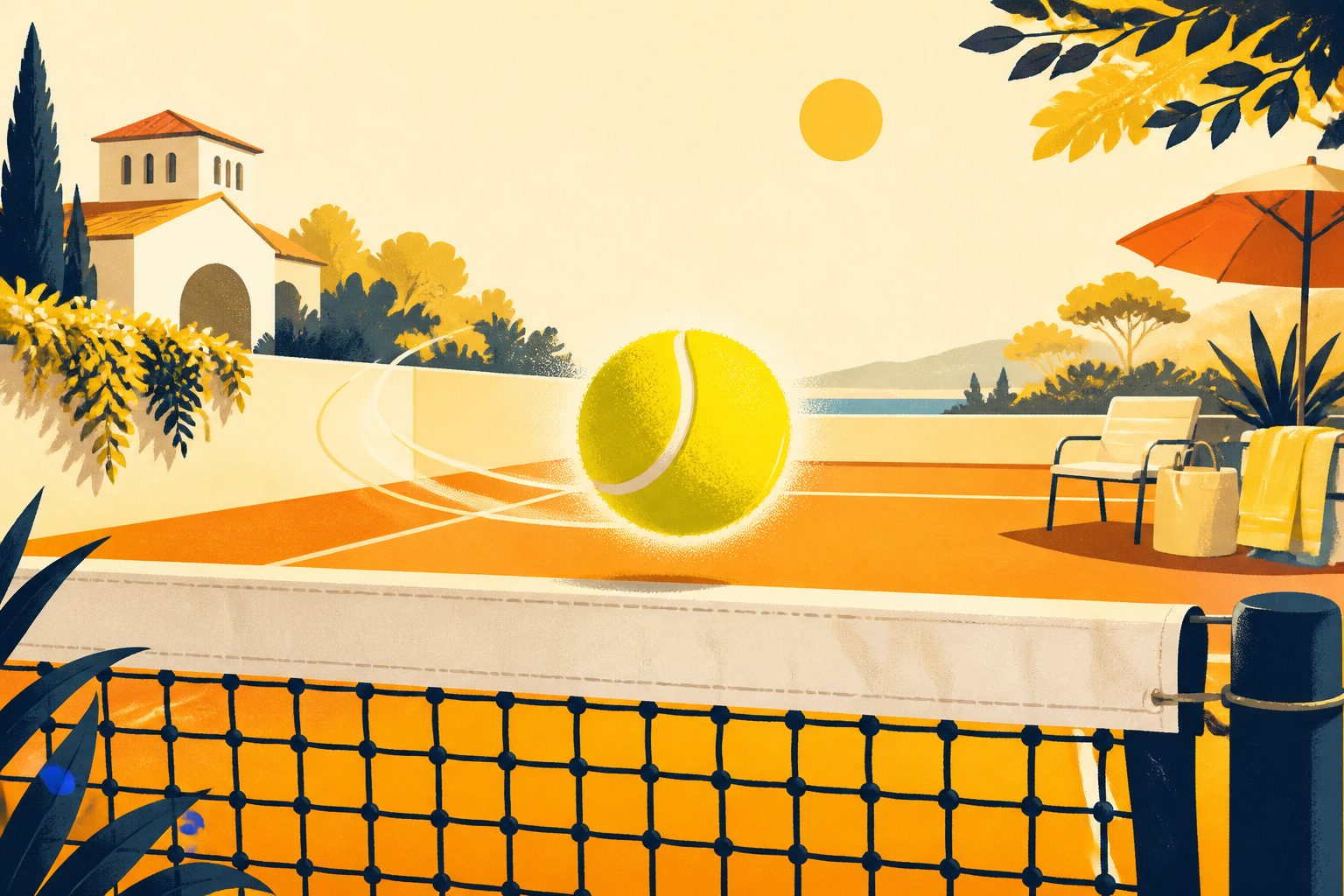Stylized flat illustration of a yellow tennis ball suspended just above the white net tape with soft shadow on the clay court surface and a tiny blue dot.