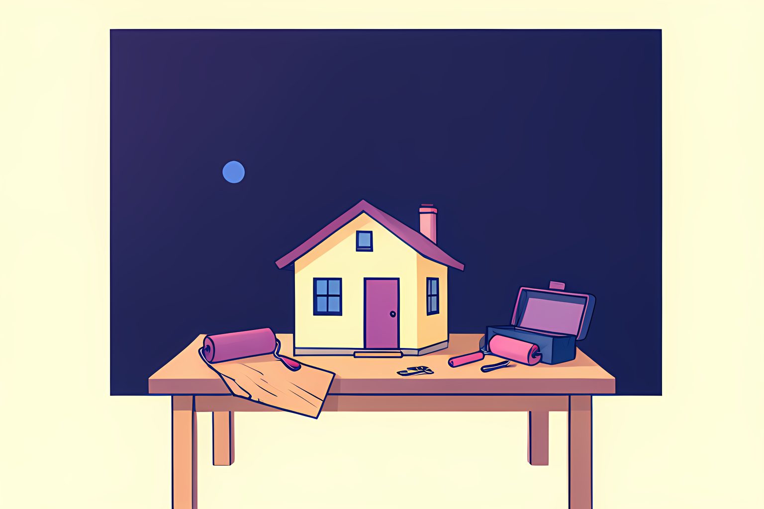 A bright, person-free editorial scene of a small unmarked vacation cottage on a worktable with one loose floorboard, an open blank toolbox, a plum paint roller and a tiny blue bead against a warm cream wall.