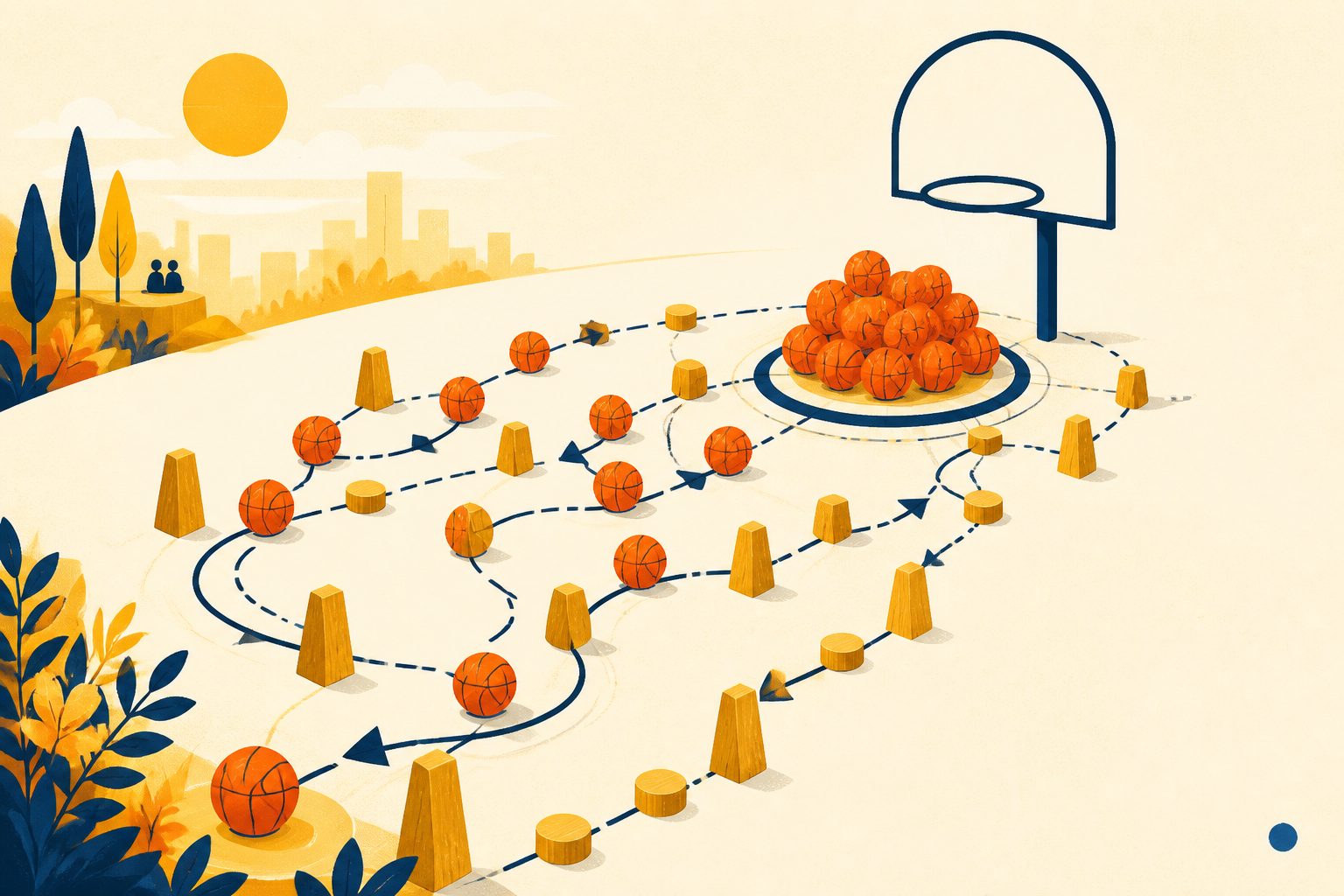 A text-free arrangement of basketballs and colored wooden counters flowing across a cream court diagram.