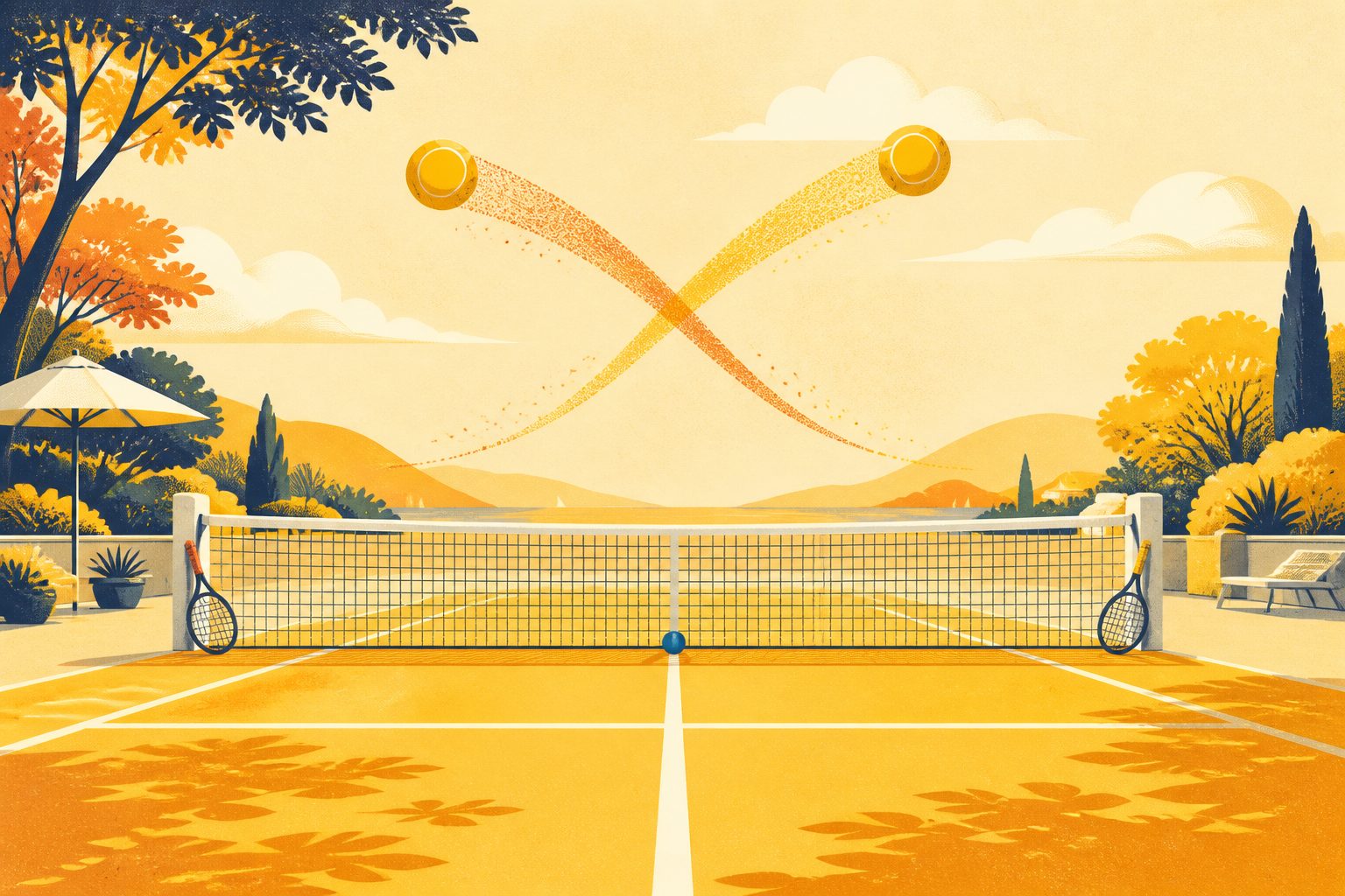 Two glowing tennis balls meeting in mid-air above a crisp net in bright morning sunlight