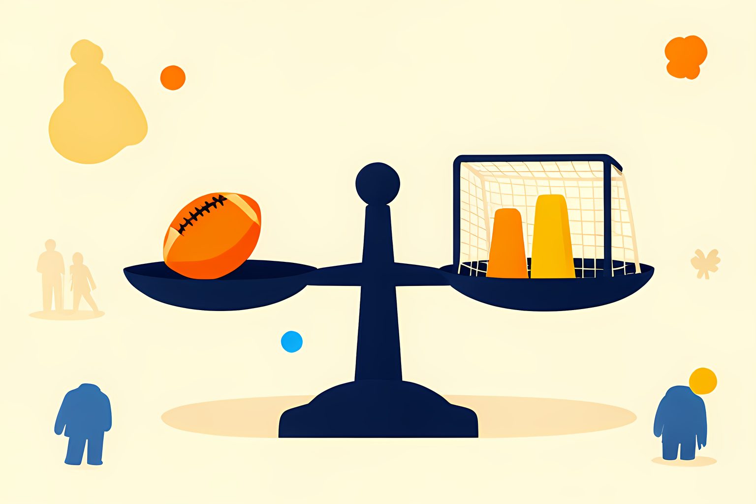 A cheerful, text-free balance scale holding a small orange football on one side and three larger blank goal-net shapes on the other, on a warm cream background with no people or logos.