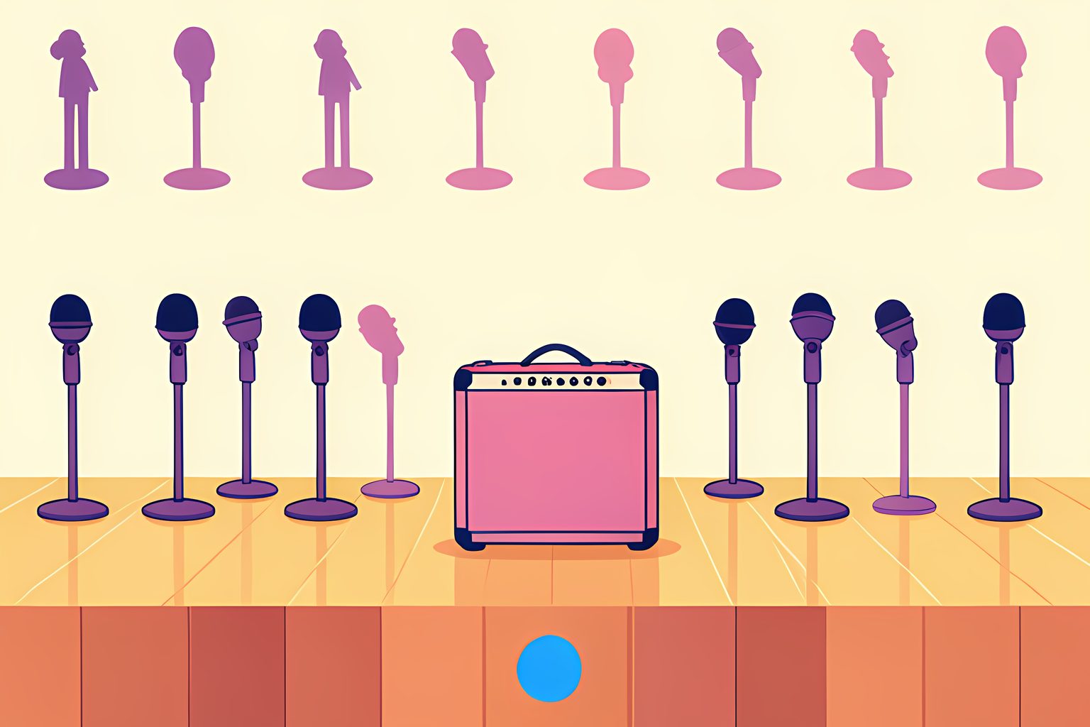 Two vintage microphone stands side by side on a polished wooden stage with warm dusk-pink stage lights and plum-purple cables coiling across the floor in morning light.
