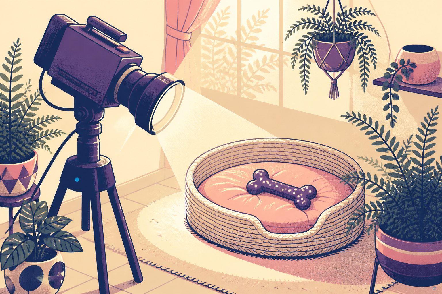 Stylized multi-lens surveillance camera casting a warm glowing beam onto a blank rescue pet cushion on a warm cream background.