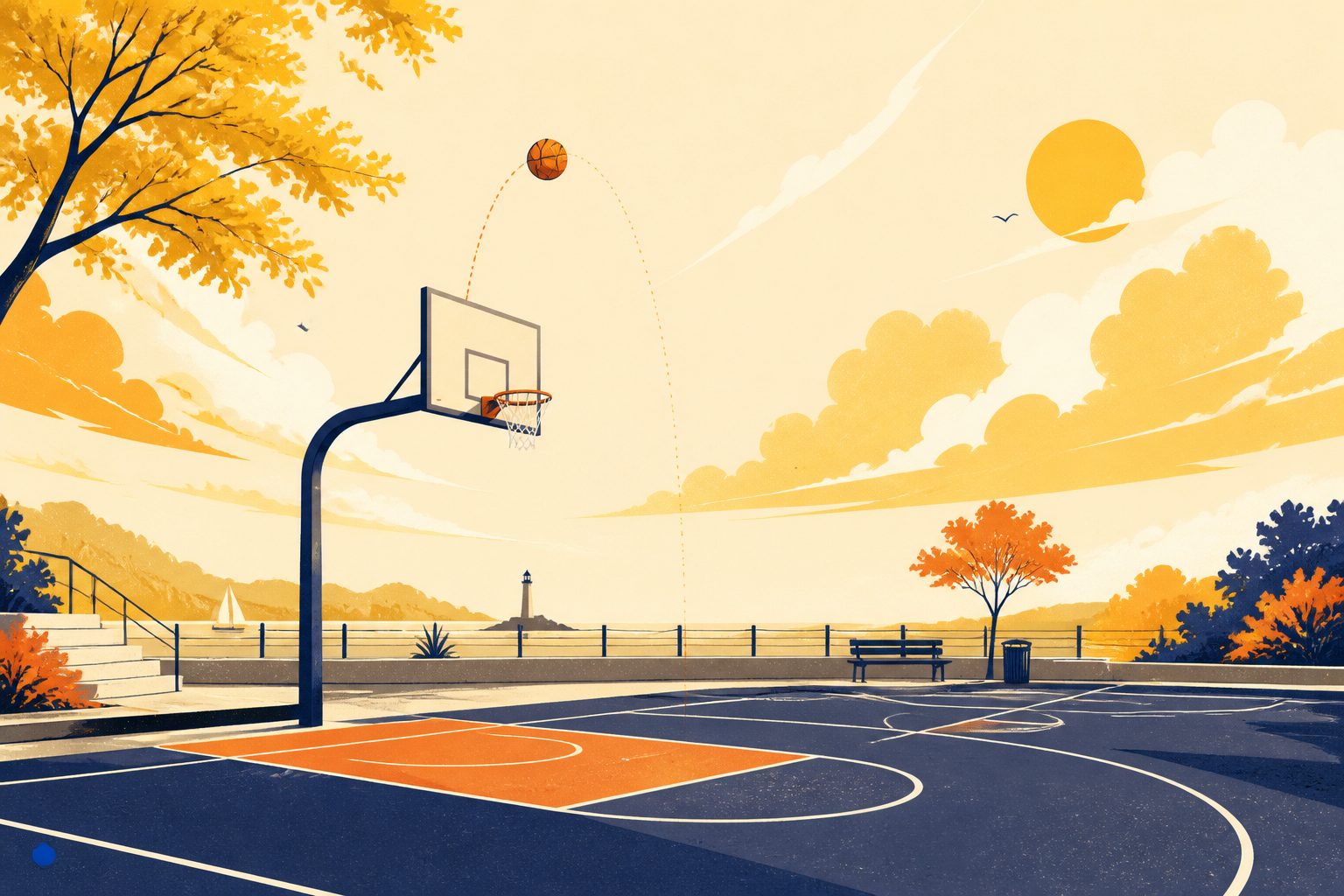 An orange basketball suspended in mid-arc directly above the white net of an outdoor basketball hoop under a clear morning sky