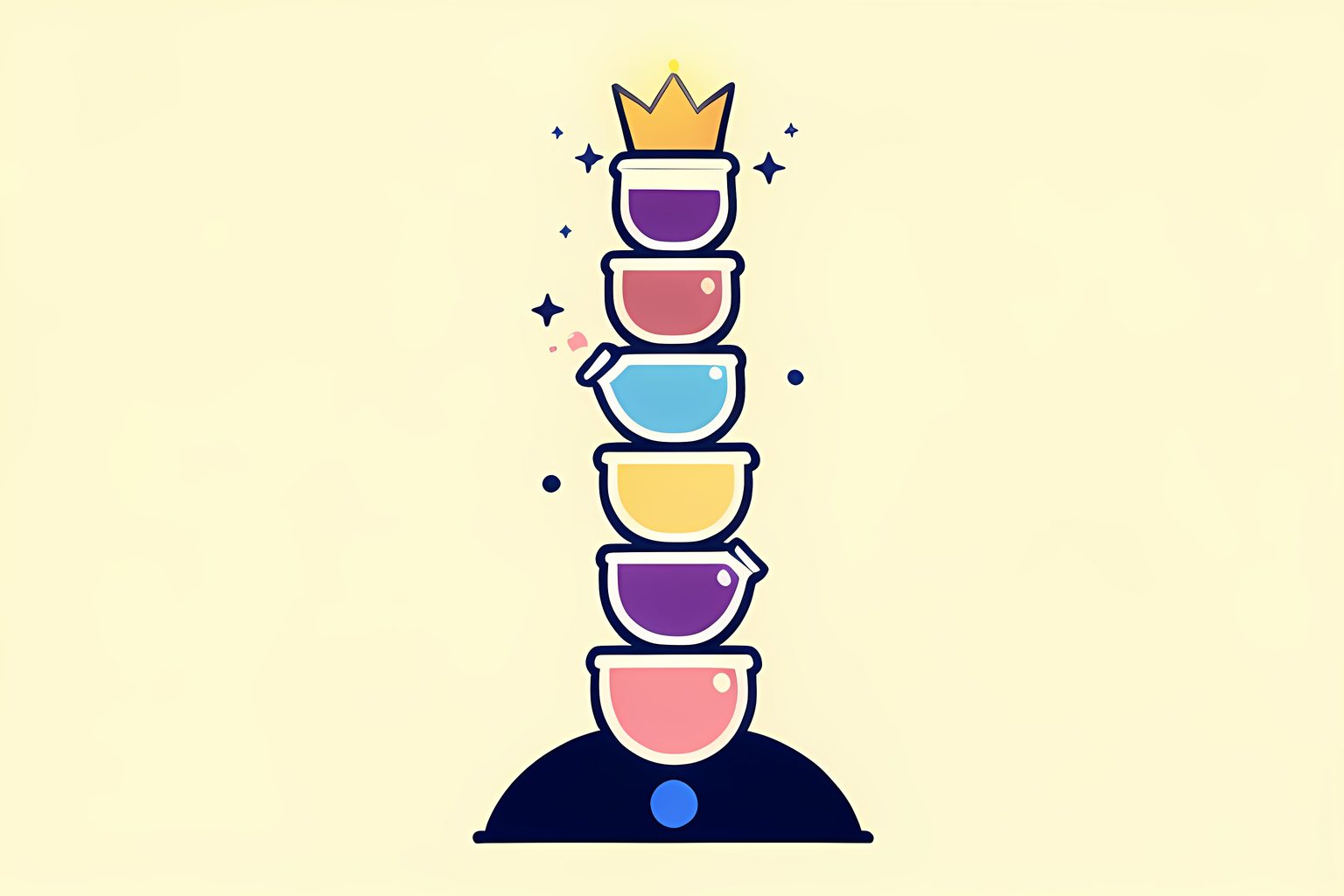 A beautiful vertical ladder of nine glowing glass potion vials rising from a shadowy base toward a single small crown of light at the top, each rung a soft different color, one vial tipped slightly and spilling a few tiny stars, a small round blue dot at the base.