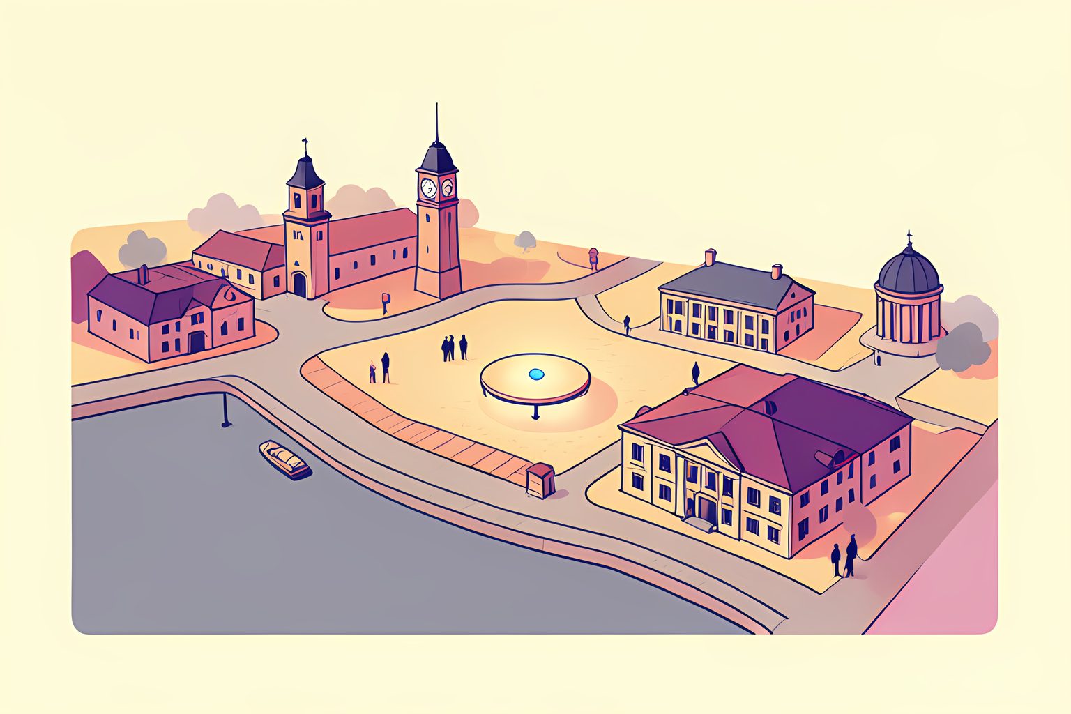 A warm, label-free stylized map of a Victorian port city under soft morning fog, a curved gray river and cobbled streets, a clock tower and a grand domed library, with one small glowing round table at the center and a tiny round blue dot in the harbor.
