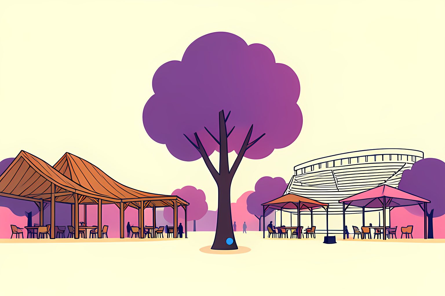 Wide editorial illustration of a sunlit festival ground with sweeping timber pavilion roofs and outdoor cafe seating under a clear sky.