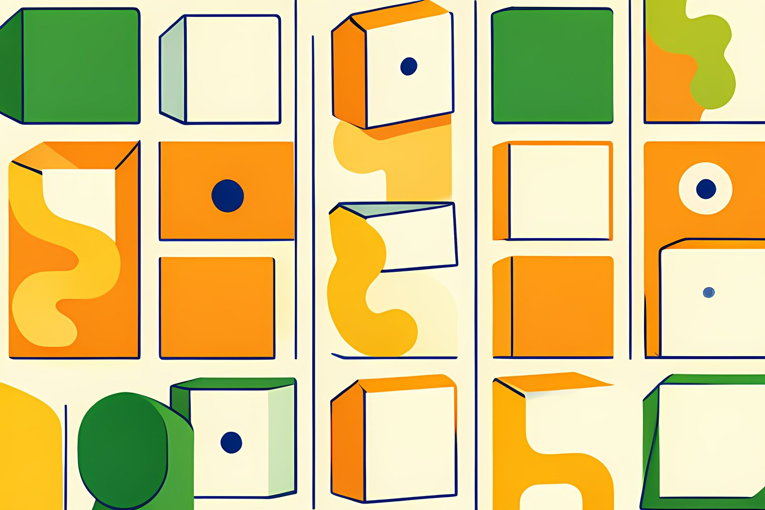 A person-free pattern of folded blank cards on warm cream, with one card opening into a playful winding path.