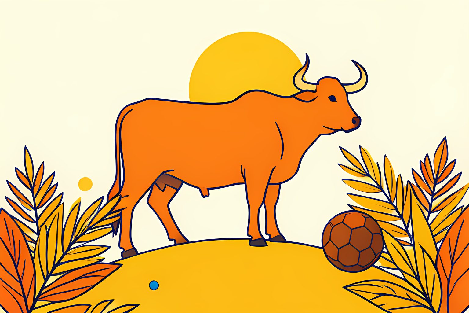 A stylized profile silhouette of a majestic horned zebu cattle framed by a circular sun and lush botanical leaves on warm cream with a small blue dot