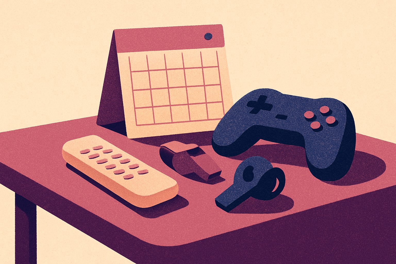 A remote control, whistle, old game controller and blank calendar grid rest on a low table in warm side light.