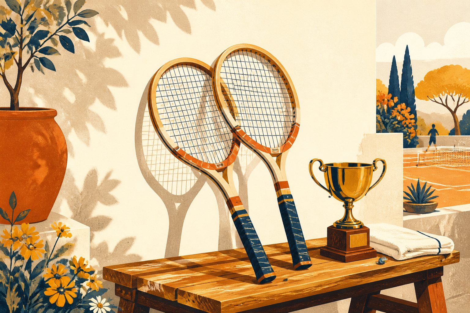 Two vintage tennis racquets and a small gleaming trophy cup resting together on a sunlit court bench.