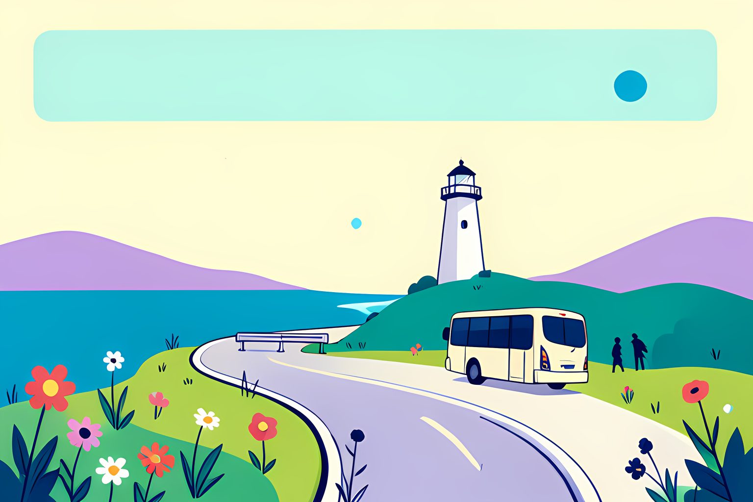 A bright person-free coastal mountain road curves toward a small white lighthouse, with an unmarked cream shuttle bus rounding one bend, a plain road barrier at a roomy pull-off, wildflowers and a tiny blue dot under a wide clear sky.