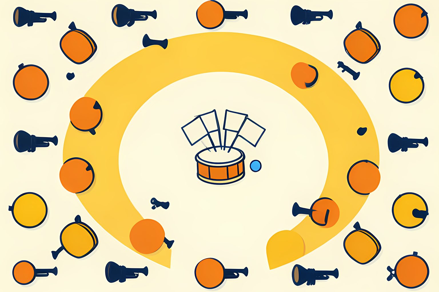 A text-free pattern of small brass instrument shapes and drum circles, with one bright drum-and-flag arrangement breaking the rhythm beside a simple football-field arc.