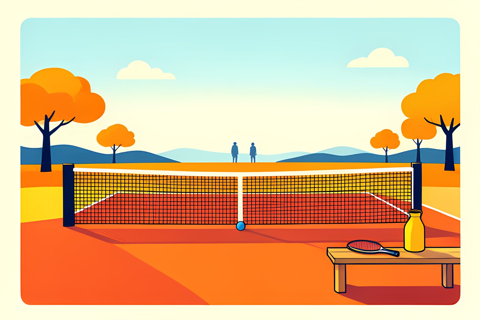 Stylized wide scene of a sunlit clay tennis court with high morning light sweeping across the net and a single tennis ball at rest