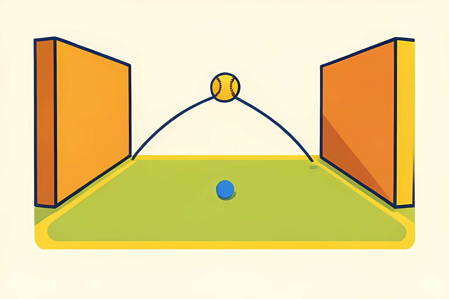 A baseball arcs between two tall abstract ballpark walls toward a warm patch of center-field grass, with no people, logos, signs or words.
