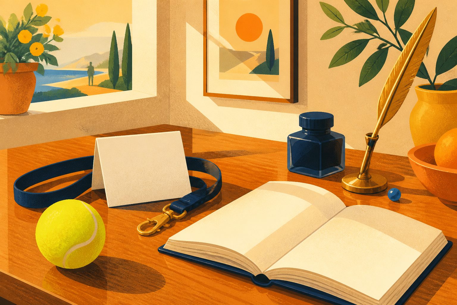 A low wooden table holding a blank legal document seal alongside a single bright tennis ball and a neatly folded tournament lanyard.
