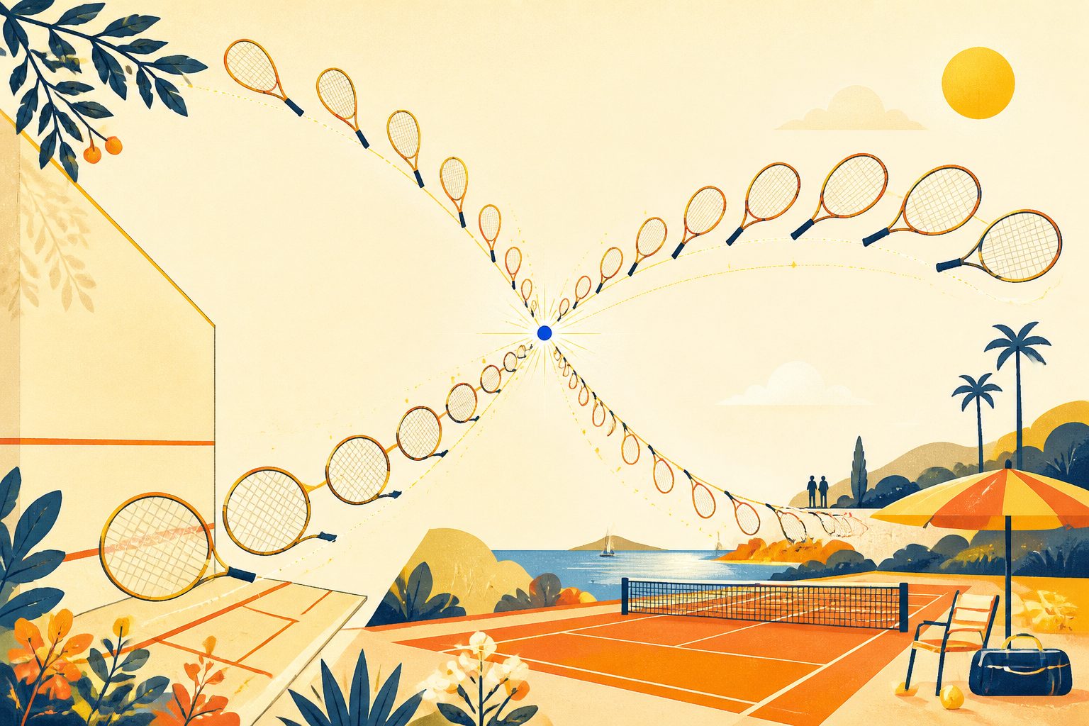 A geometric visual pattern showing slender squash racquets arranged in harmony with rounded tennis racquets across a clean background.