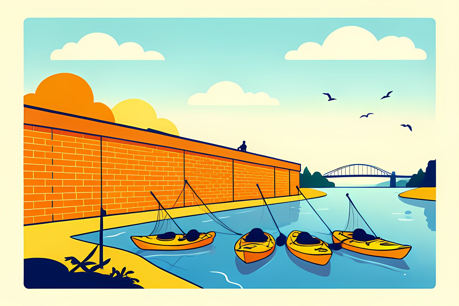 A small orange kayak drifting on calm blue bay water beside a brick ballpark wall, a long-handled fishing net resting across its bow and a single baseball floating a few feet away.