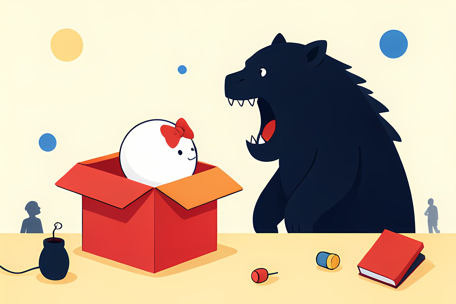 A small white round face with a red bow and no mouth sits across from a large dark monster silhouette mid-roar, both peeking out of an open red box on a warm cream table.
