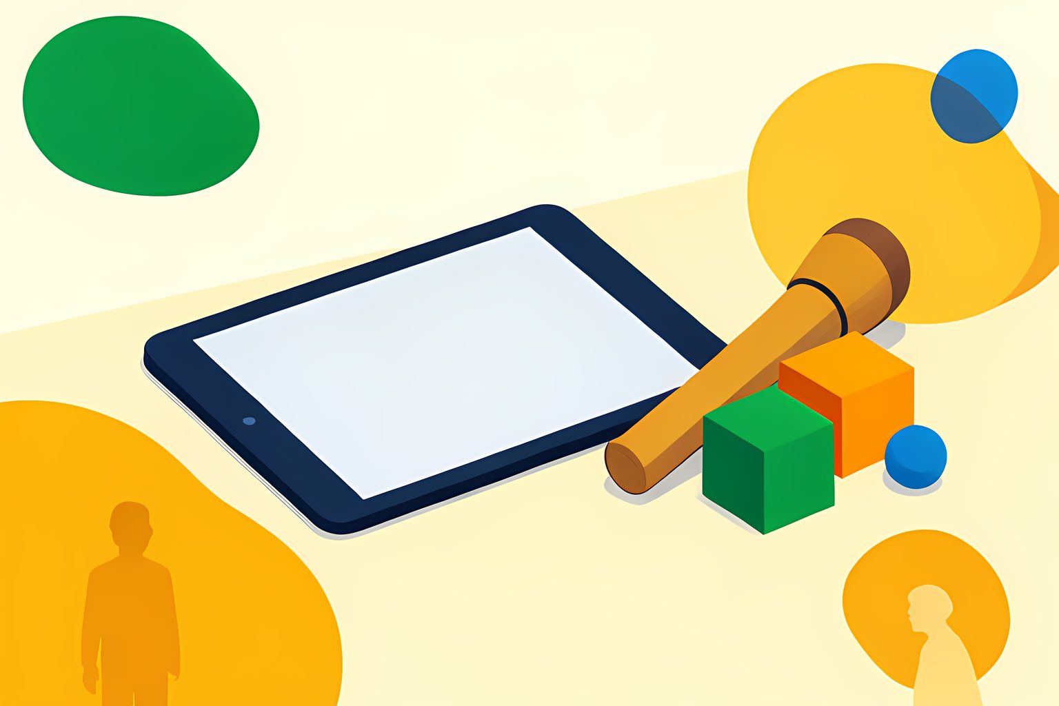 A text-free editorial still life of a blank unbranded glass tablet, a small wooden relay baton and a neat set of colored geometric blocks on a cream table, with a blue dot.