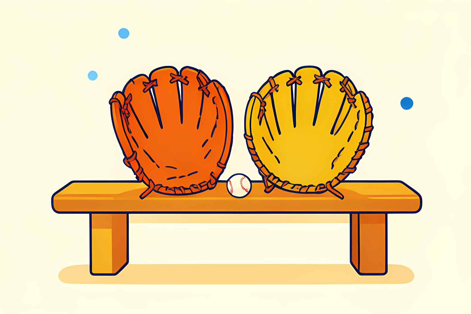 Two catcher's mitts, one well worn and one newer, resting side by side on a sunlit dugout bench with a baseball between them.