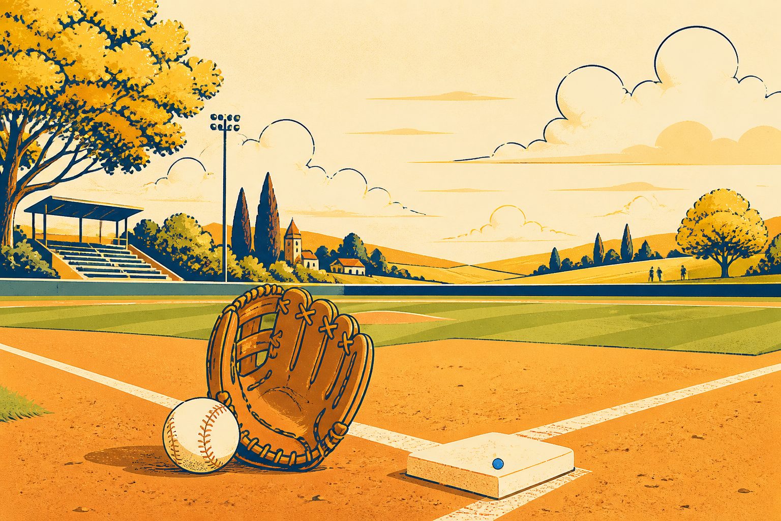 A stylized empty baseball diamond under a crisp morning sun, with a blank vintage leather infielder glove and baseball resting gently on the infield dirt near shortstop, with clean chalk lines extending toward a cream-colored sky.